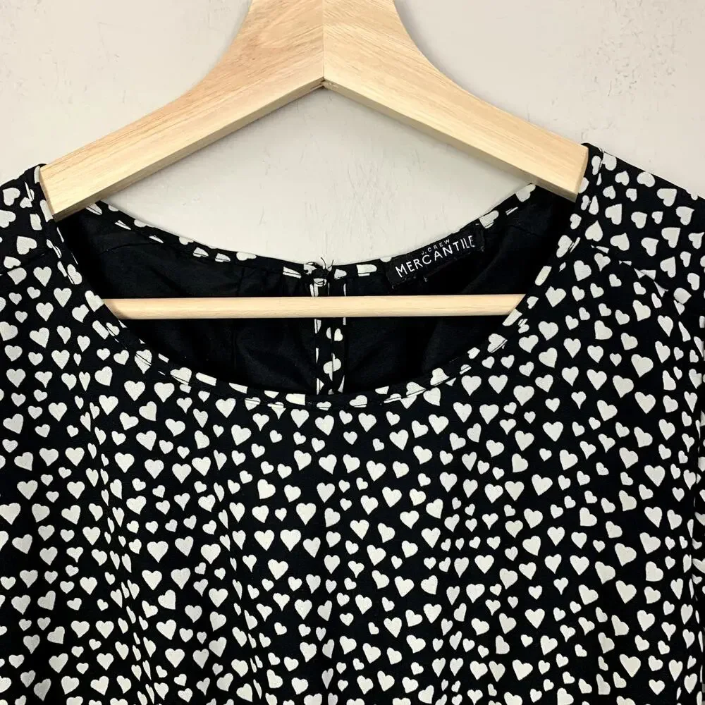 J Crew Tulip Hem Black White Heart Print Faux Wrap Dress 4 S Valentine's Day
